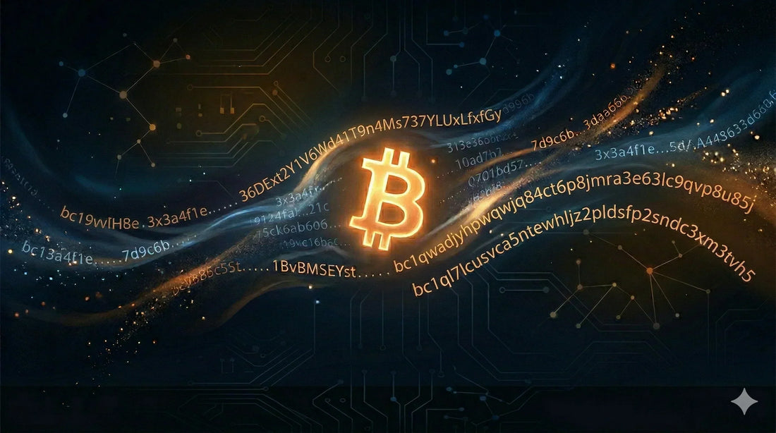 Glowing Bitcoin symbol surrounded by bc1q wallet address strings and circuit board patterns on a dark background