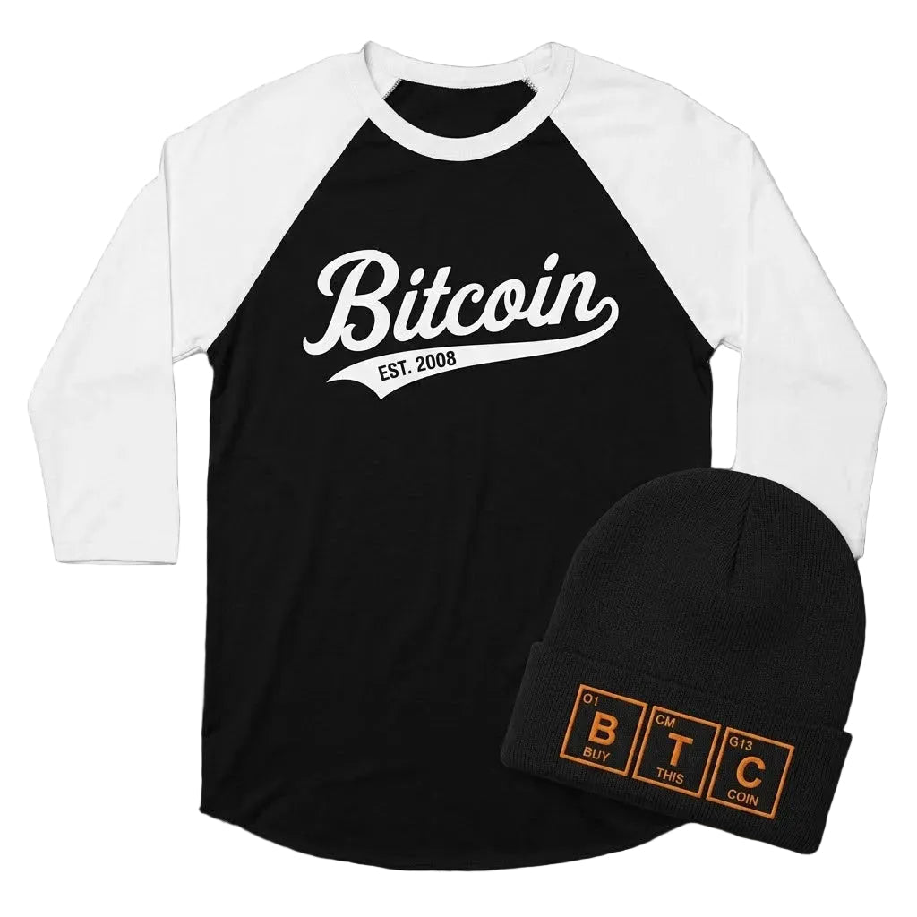A black and white raglan long-sleeve shirt with 'Bitcoin EST. 2008' printed in white on the chest, shown alongside a black knit beanie featuring orange periodic table-style 'BTC' patches on the cuff.