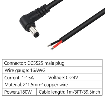 5.5 x 2.1mm 90-Degree Barrel Jack Pigtail Power Cable – 1M, 16 AWG | Bitaxe Compatible